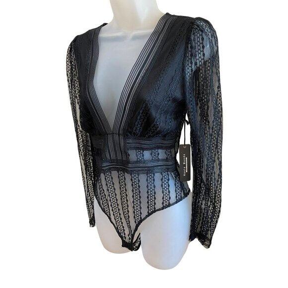 Black Lace Long Sleeve Deep V-Neck Bodysuit By Haute Monde With Sheer Mesh Desig - Picture 3 of 6